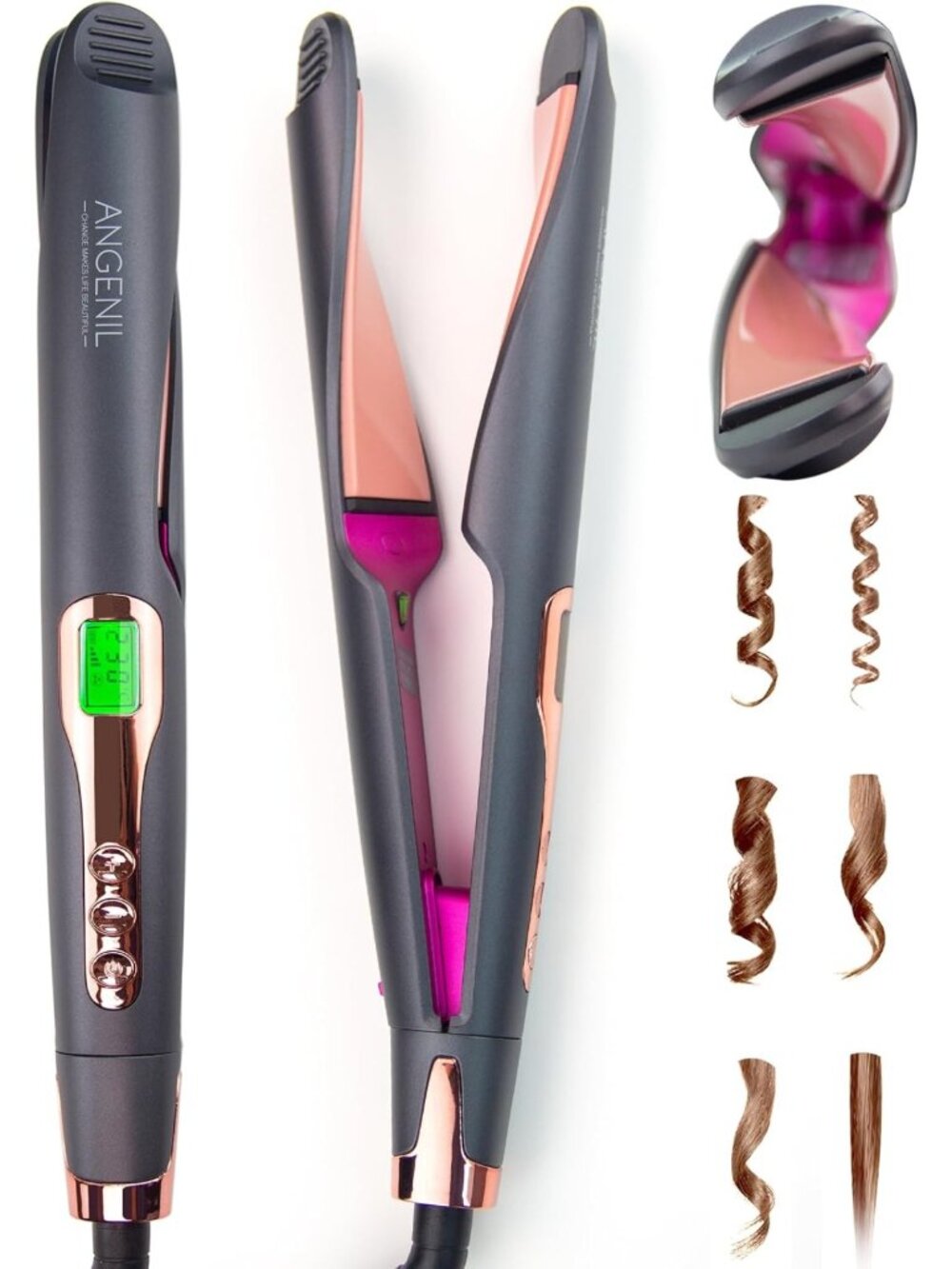 2-in-1 Ceramic Flat Iron & Curler, Fast Heating, Adjustable Temp, Dual Voltage